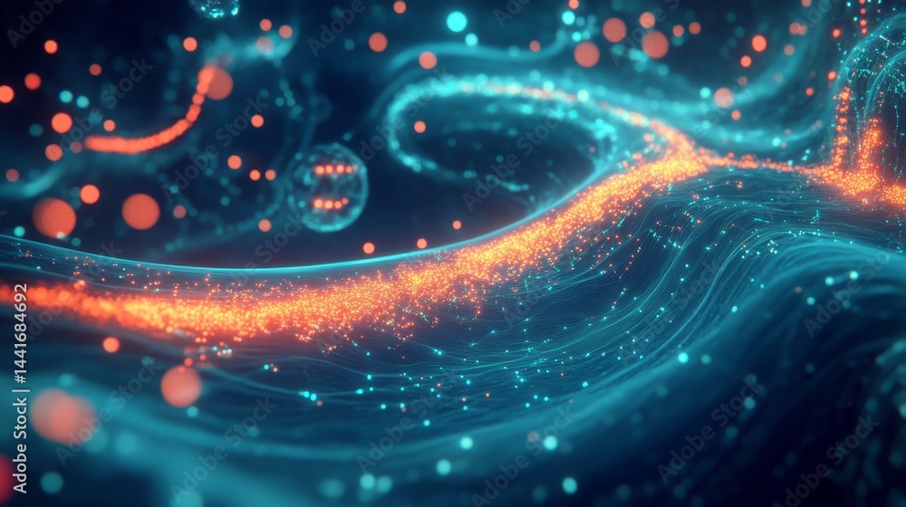 Poster dynamic flowing particles in abstract space digital art vivid color palette futuristic environment h