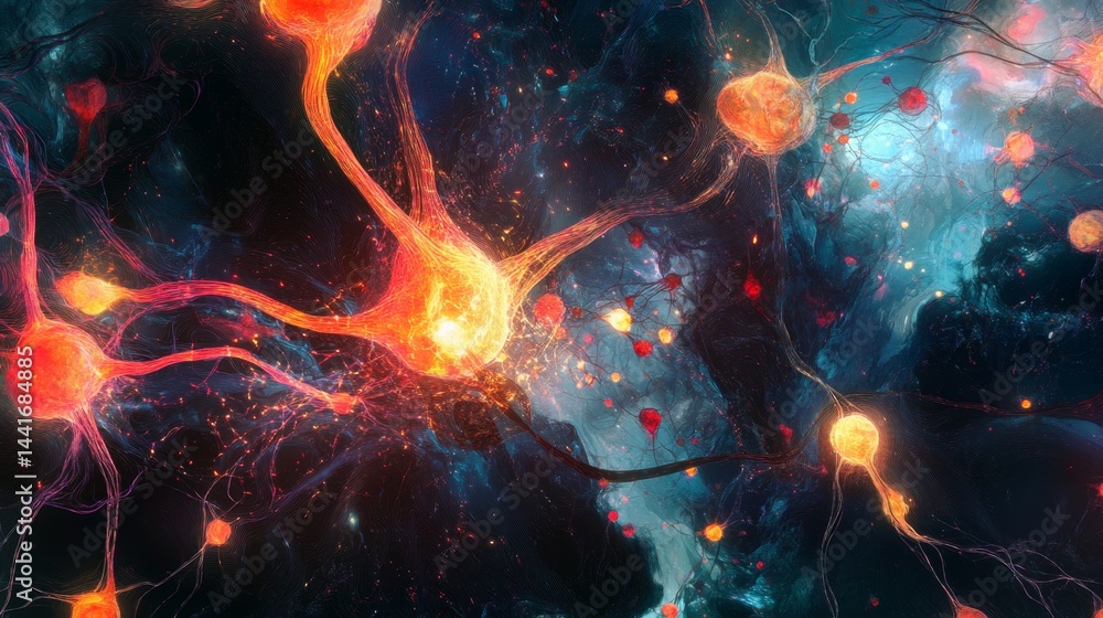 Poster neural pathways activation digital universe abstract art cosmic environment close-up view brain conc