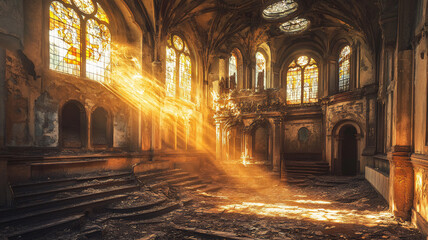 Fototapeta premium Old medieval abandon stain-glass god's love sanctuary cathedral window. Sunli gothic scenery church abstract. Sumbeam illuminating old cathedral window labyrinth church silhouette 