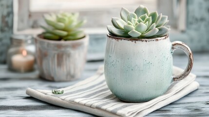 Small succulents in a white mug on a striped napkin, neutral colors enhancing the cozy, peaceful decor.