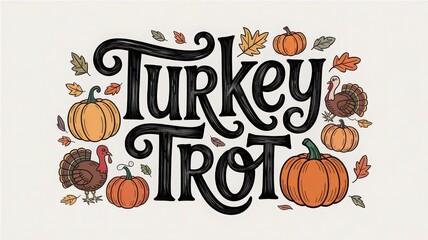 Cheerful Thanksgiving Card Design Featuring Turkey Trot with Autumn Elements