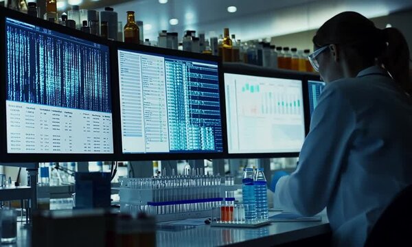 Advanced biotechnology lab with biotechnologists and digital screens displaying DNA sequences made with Generative AI technology