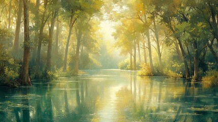 Obraz premium Serene morning sunlight streams through a tranquil forest river. Peaceful nature scene for calm backgrounds