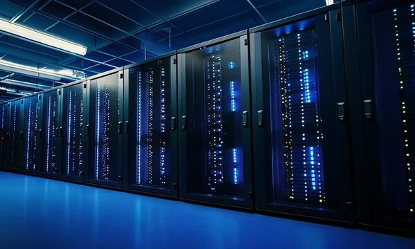 Server racks in a data center processing large amounts of information in a modern facility made with Generative AI technology - Powered by Adobe