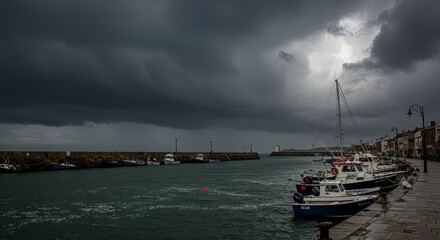 Fototapeta premium Boats Docked in Harbor Under Dramatic Cloudy Sky Landscape