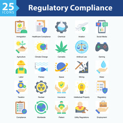 Regulatory Compliance is a collection of icons in sheet format illustrating international regulations, industry compliance, and oversight across sectors like health, energy, and technology.	