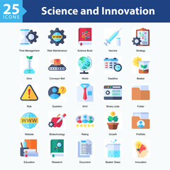 Science and Innovation is a collection of icons in sheet format illustrating scientific innovation, technology research, and the integration of digital tools and time management in modern development