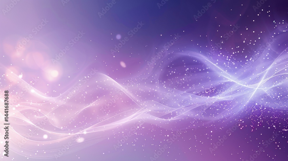 Poster soft flowing wavy light strands and sparkling particles on a smooth gradient purple background creat