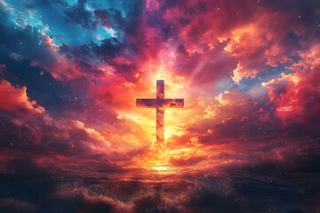 Fototapeta premium Cross with ethereal sunset background