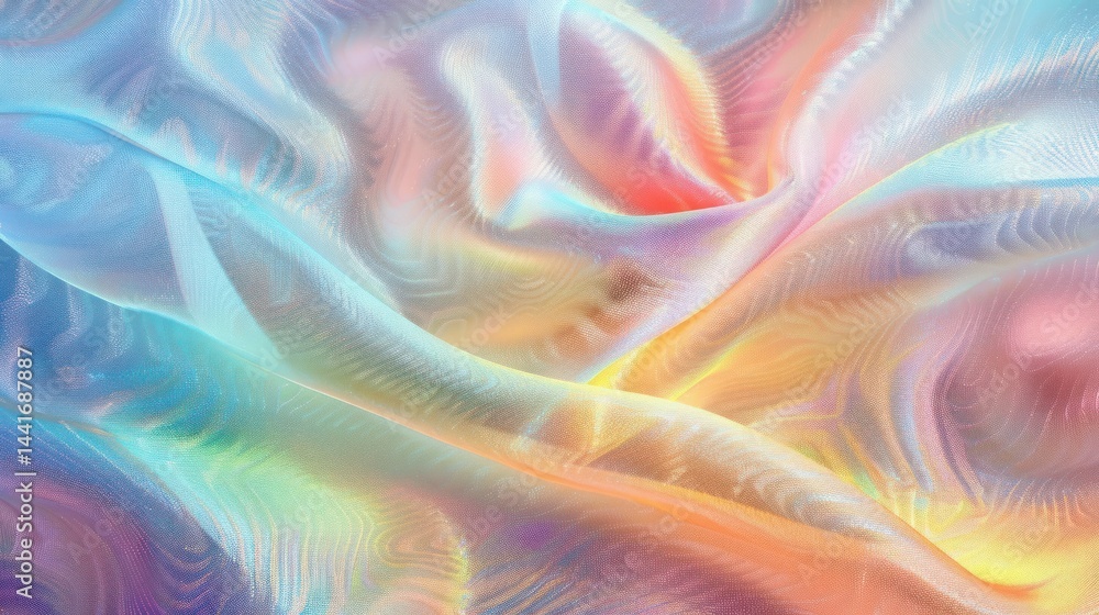 Poster soft flowing iridescent pastel fabric with smooth waves and gentle light reflections creating a drea