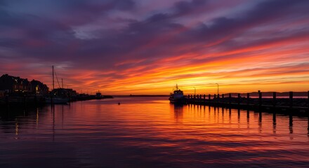 Obraz premium Colorful Sky at Sunset Reflected on Water Near Dock and Boats