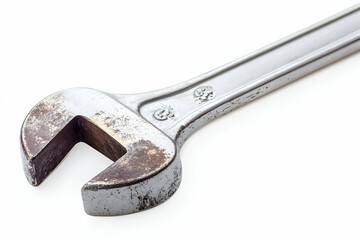 Close-up of a rusty wrench isolated on a white background.  A weathered tool showing signs of extensive use.