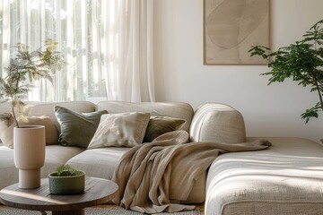 cozy beige sectional sofa with soft cushions and a textured throw blanket beside window with sheer curtains and green plants on round wooden coffee table in bright living room