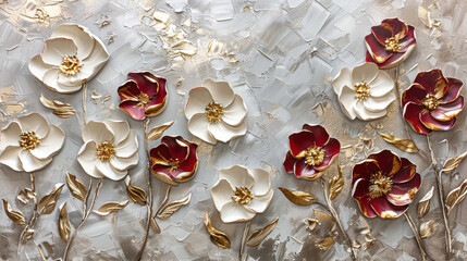 Elegant 3D floral painting with gold accents , modern wall art, Beautiful spring white burgundy flower with golden leavs on decorative background as wallpaper illustration, Elegant White Gold Flower	
