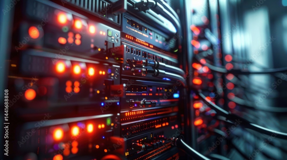 Aufkleber close-up view of a server rack with multiple network devices illuminated by red and orange status li