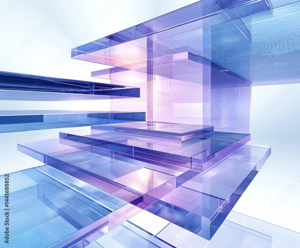 Poster abstract arrangement of transparent blue and purple glass-like rectangular planes layered and inters