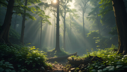 Obraz premium Misty forest with sunlight filtering through trees