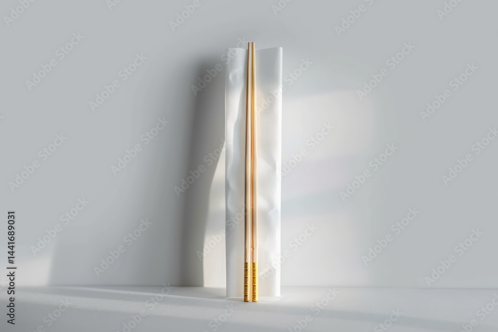 Poster minimalist composition of two golden chopsticks standing upright against a textured white background