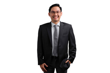 Confident Asian businessman in suit smiling and standing with hands in pocket, isolated on transparent background