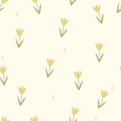Seamless pattern with yellow tulips and small lines. Vector illustration with flowers.