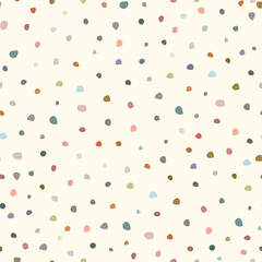 Seamless pattern with colorful polka dots on white nackground. Vector illustration for wrapping paper, fabric clothes.	
