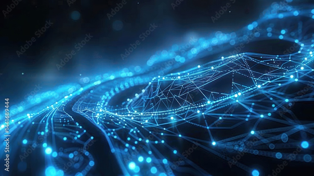 Poster abstract digital landscape with glowing blue network lines and dots forming a flowing grid in a dark