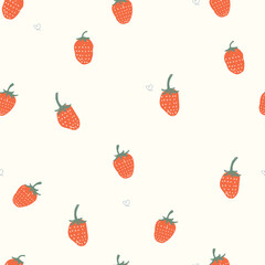 Seamless pattern with strawberries and hearts on white background. Vector illustration for wrapping paper, fabric, clothes.