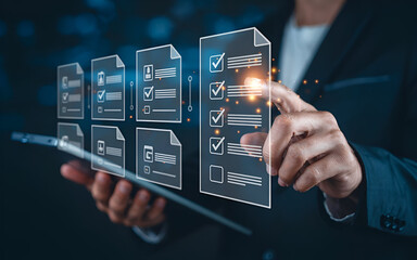 Businessman Interacting with Digital Checklist Interface Representing Task Management, Productivity Tools, and Workflow Automation Technology