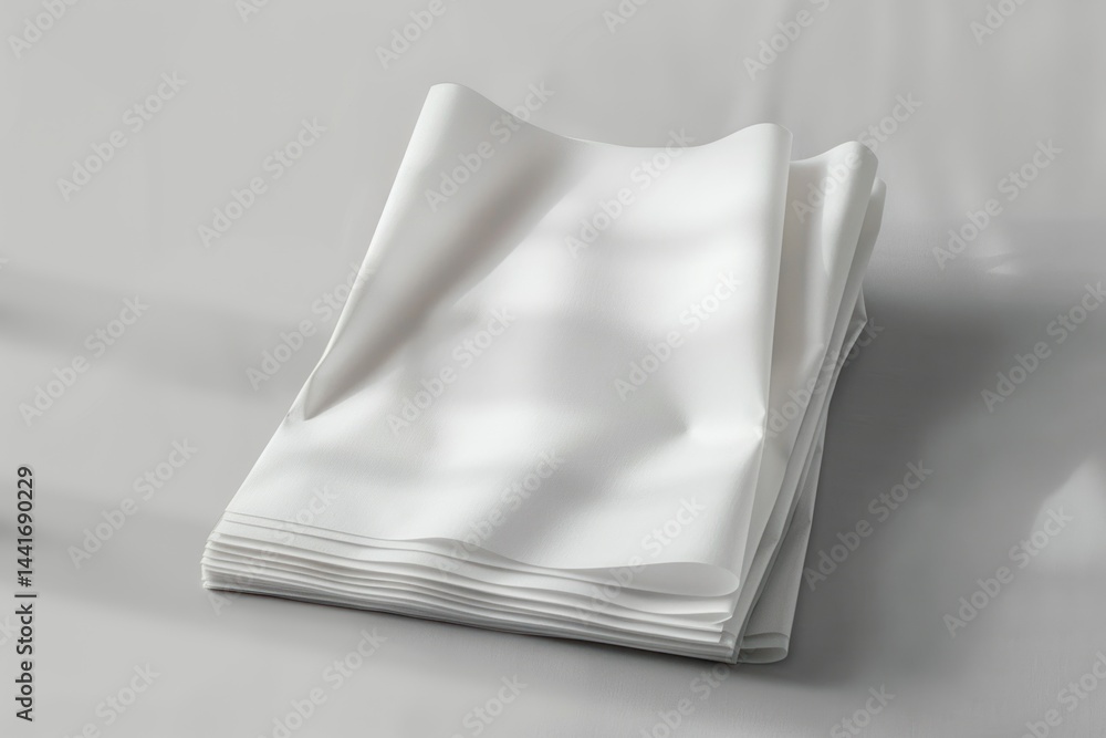 Poster Stack of neatly folded white fabric cloths with subtle wrinkles casting soft shadows on a smooth neutral surface conveying calm and simplicity