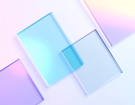 3d abstract glass transparent square shapes flying on black background render. Iridescent crystal plates, acrylic or plastic panels with light hologram gradient, digital tech banner,backgrounds, 