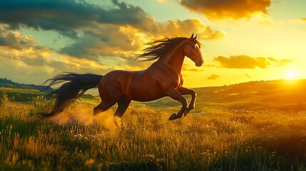 brown horse running through grassy field at sunset with golden light and dramatic sky


