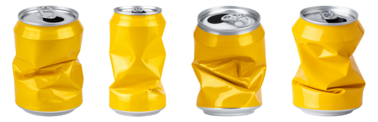 Crumpled Yellow Aluminum Cans PNG Set with Transparent Background