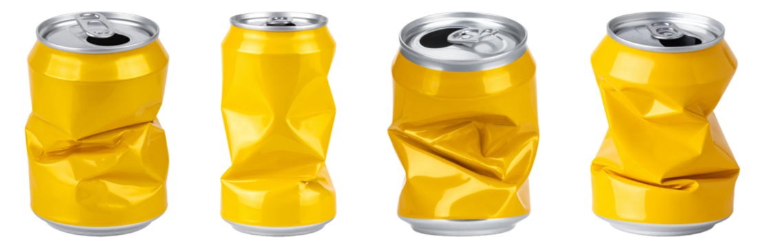 Crumpled Yellow Aluminum Cans PNG Set with Transparent Background