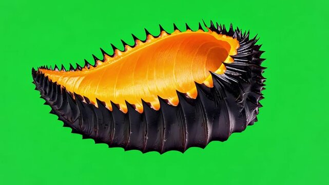 Unique black shell with vibrant orange interior displayed on a bright green background for creative projects