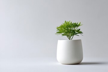 minimalist composition featuring small green plant in white ceramic pot against plain background