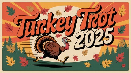 Vintage Turkey Trot 2025 Poster with Colorful Autumn Leaves and Running Turkey Design