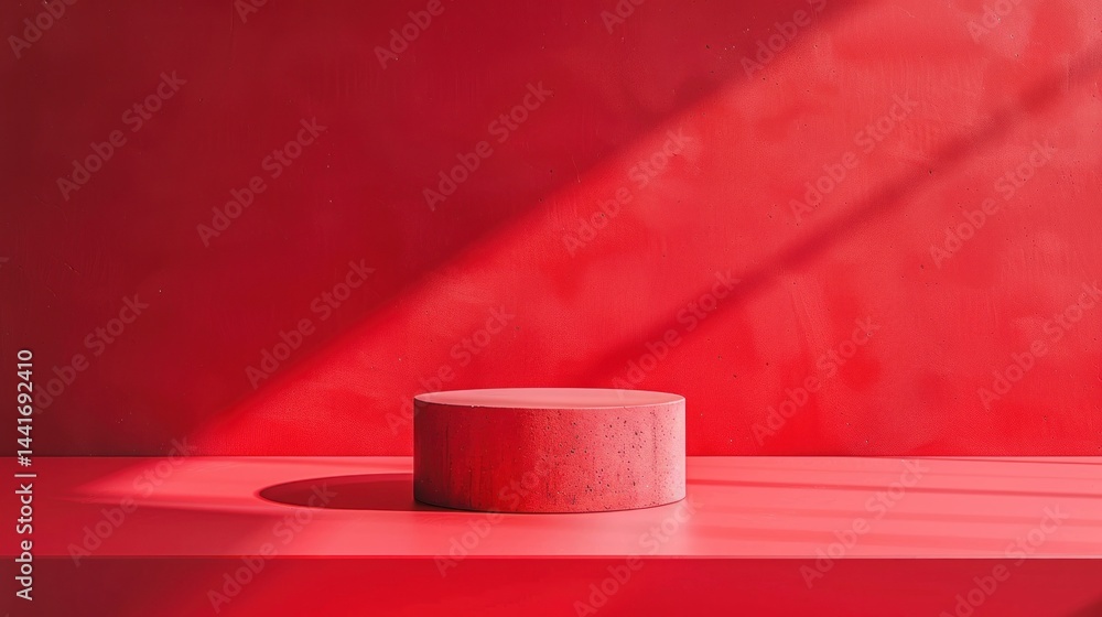 Poster minimalist red cylindrical podium with shadows against textured red wall creating contrast and depth