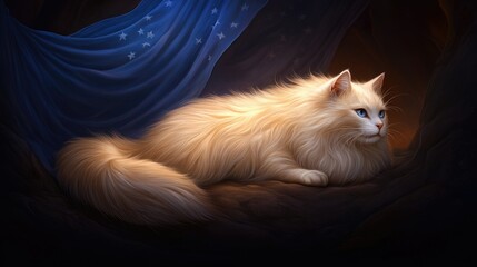 Elegant fluffy cat resting gracefully in tranquil cave with soft light and mesmerizing blue backdrop