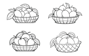 Set of basket full of fruits outline coloring book page line art drawing
