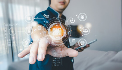 A man is interacting with a smartphone surrounded by digital icons, representing concepts of intelligent internet network technology, data transfer, and future communication systems.