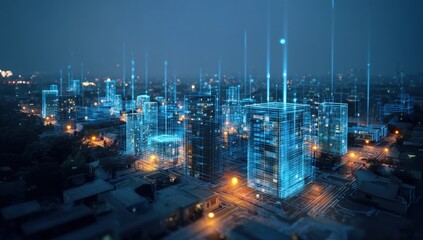 A futuristic cityscape at night with illuminated digital overlays highlighting smart buildings and technology integration.