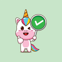 Cute unicorn cartoon vector illustration with correct sign