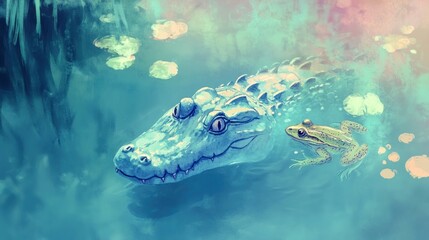 Serene Alligator and Frog in Teal Waters