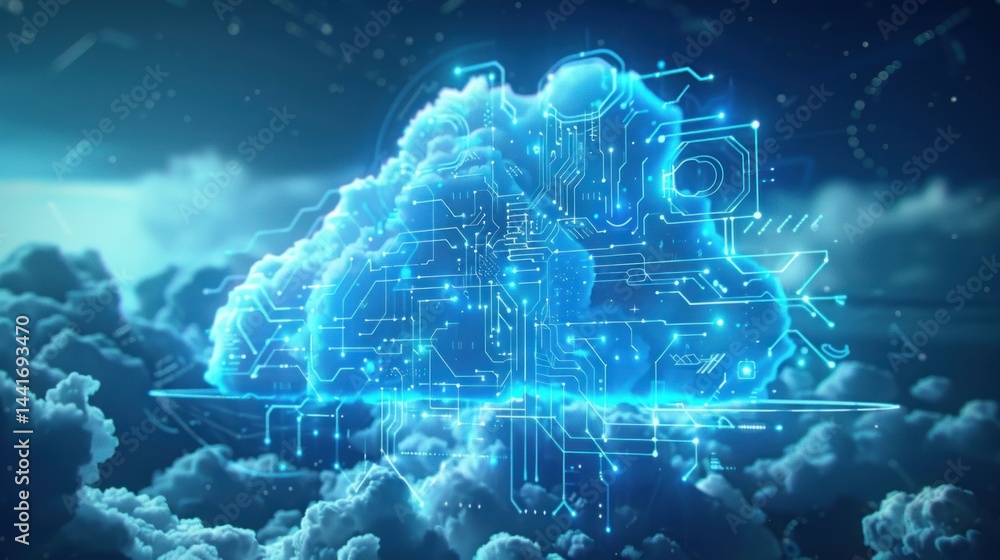 Poster glowing digital cloud with integrated circuit patterns floating above a cloudy sky, representing fut