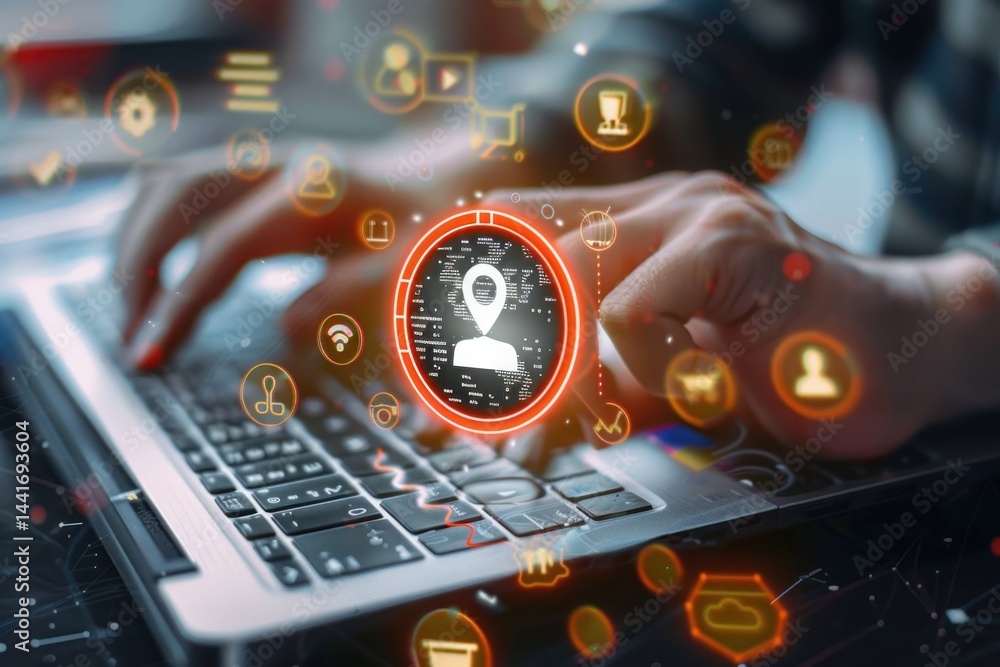 Poster person typing on laptop keyboard surrounded by glowing digital user interface icons representing loc
