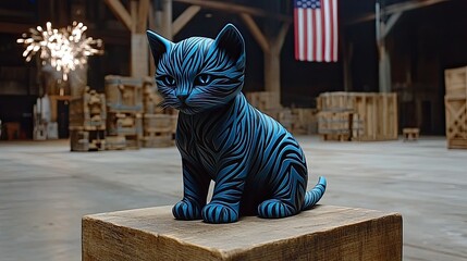 Blue Tiger Striped Cat Sculpture in an Industrial Setting with American Flag in Background