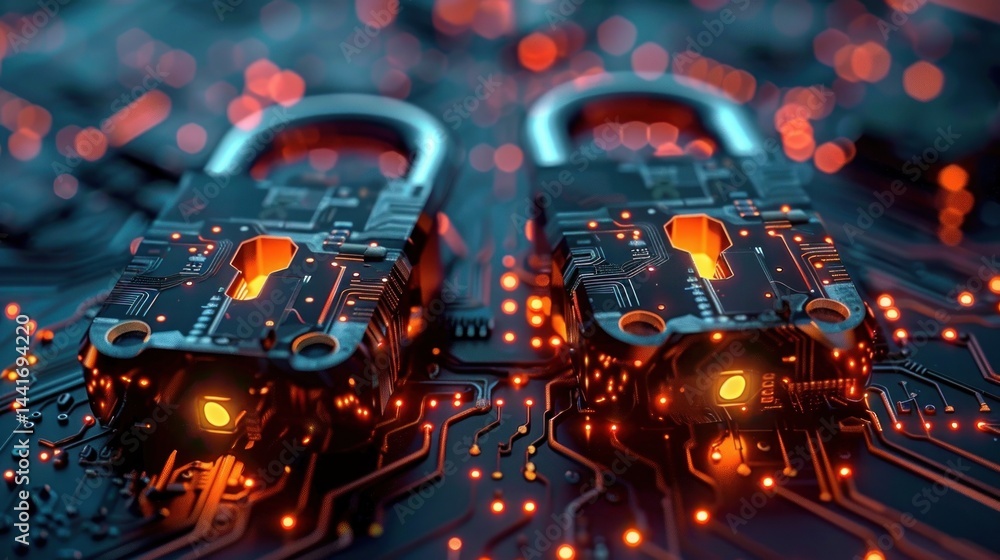 Poster two glowing digital padlocks on a futuristic circuit board symbolizing cybersecurity and data protec