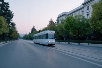 Obraz premium minimalistic image features single tram on empty urban street with ample copy space