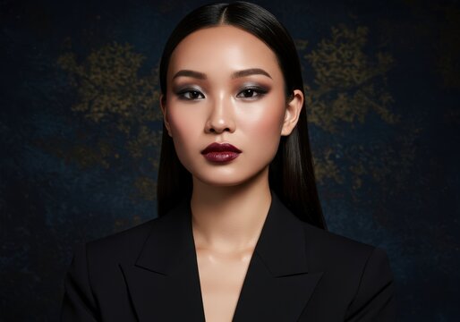 Portrait of young asian woman with dark makeup and glowing skin looking at camera. Beauty and aesthetic concept for cosmetics advertisement.