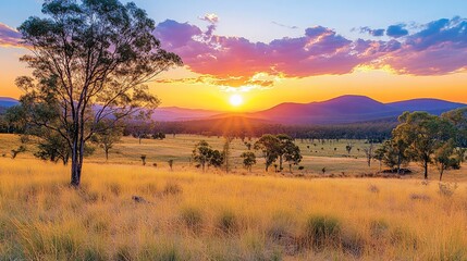 Vibrant sunset over golden grassland and distant mountains